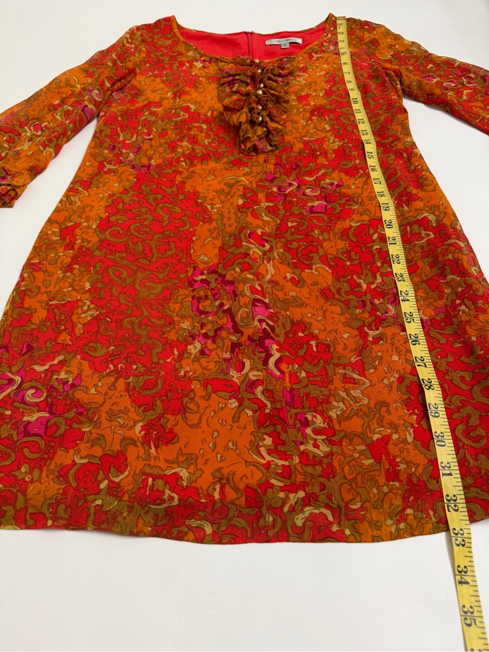 Beth Bowley 100% Silk Ruffle Front Mini Dress Orange Pink Boho Chic Size 6 - Picture 6 of 9